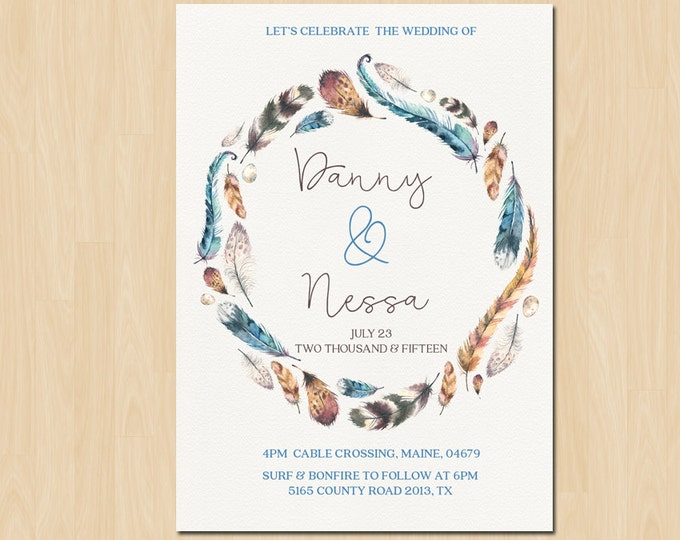 Bohemian Watercolour Feather Invitation Suite // Spring Wedding // Boho Wedding Invite // Printable Invitations