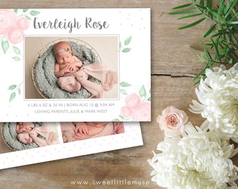 Hand Painted Girl Birth Announcement Template - 5x7 birth announcement template - newborn photography template INSTANT DOWNLOAD