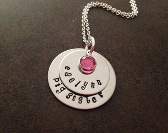 Hand Stamped Jewelry, Big Sister Necklace, Birthstone Necklace, Gift for New Sister, Stamped, Swarovski crystal , handstamped, kids jewelry