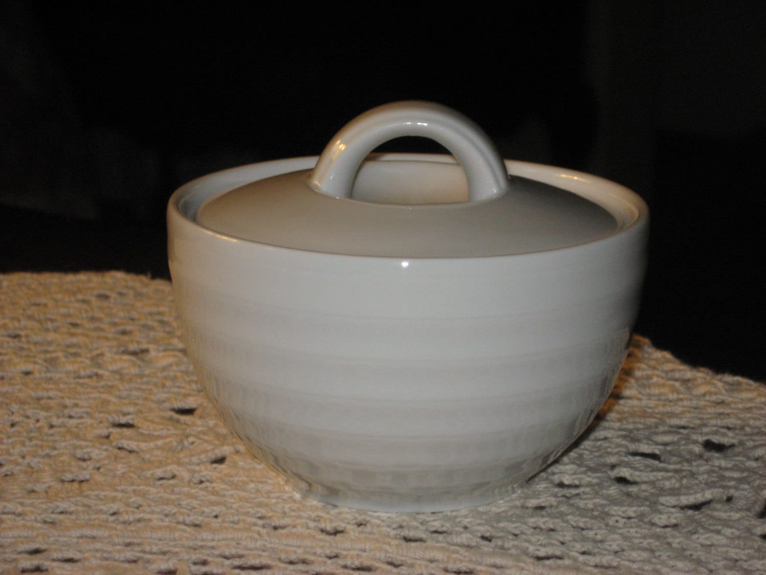 Crate & Barrel Sugar Bowl w/Lid, White Roulette Pattern, Portugal