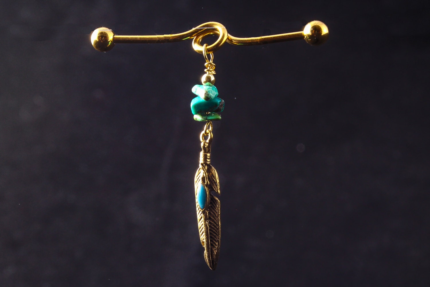 Gold Industrial bar with 3 Turquoise Nuggets and a Fancy