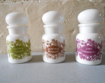 Set of 3 spices jars, milk glass canisters, retro kitchen decor. Pepper, cinnamon, nutmeg.