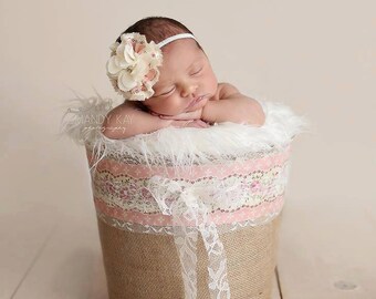 Newborn Photography Prop Set: Burlap Bucket and Headband