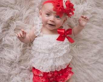 Lace Petti Romper in Red and White in Baby, Toddler, & Girls Sizes