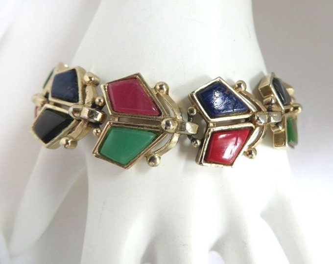 Vintage Barclay Stone Link Bracelet, Red, Green, Navy and Black Stone Bracelet