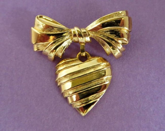 Vintage AVON Brooch Heart Brooch, Dangling Heart & Bow Pin Grandmother Gift Brooch