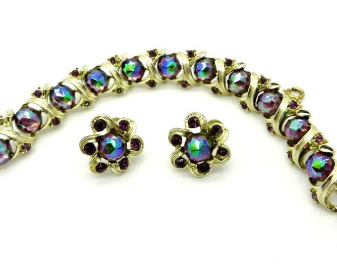 Vintage Watermelon Rhinestone Bracelet , Screw Back Earrings Set, Signed Longcraft Demi Parure