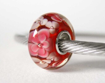 Cranberry Pink Floral Lampwork Sterling Silver European Style Large Hole Bead