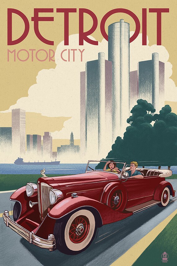 Detroit Michigan Vintage Car and Skyline Art Prints
