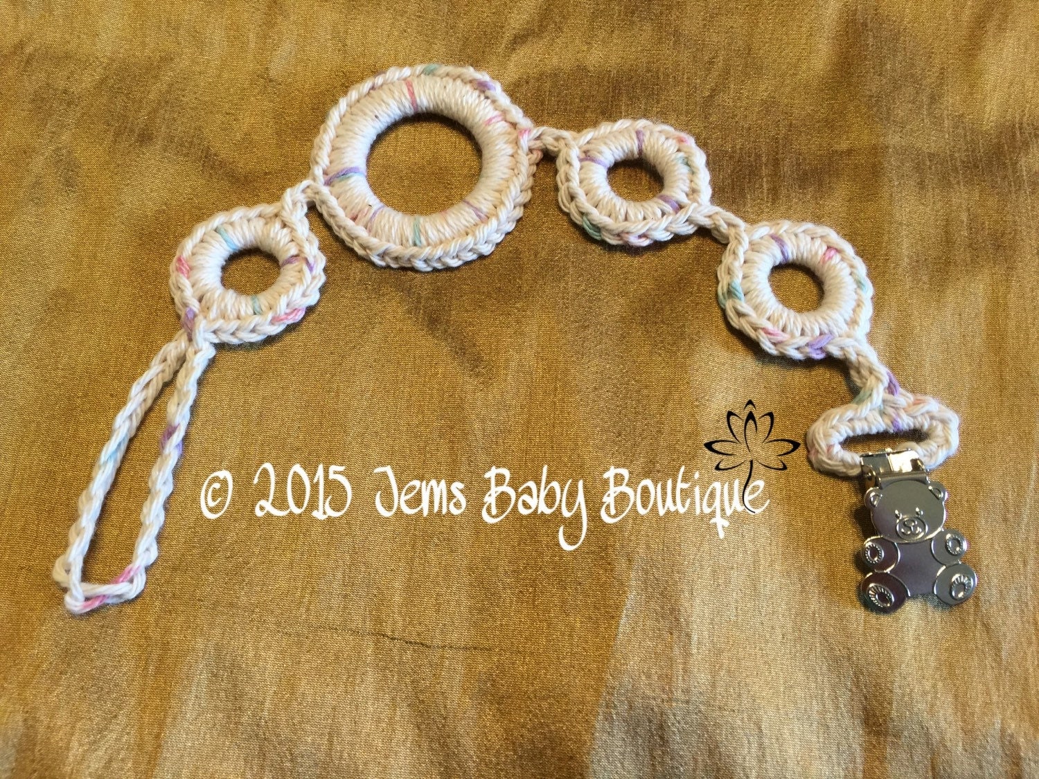 Crochet pacifier holder with bear clasp Ready to Ship cotton