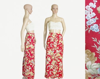 pencil skirt maxi red floral pencil skirt 90s 1990s vintage long linen ORVIS red flowers roses front buttons back slit size womens SMALL