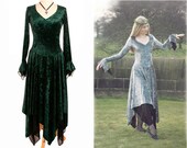 Velvet Pixie / Fairy / Elven style dress - Layered handkerchief hem - Purple, Green & Silver - SALE