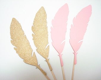 Set of 24Pcs - Blush & Gold Glitter LARGE FEATHER Party Pick, Food Picks, Weddings, Bridal/Baby Shower Topper