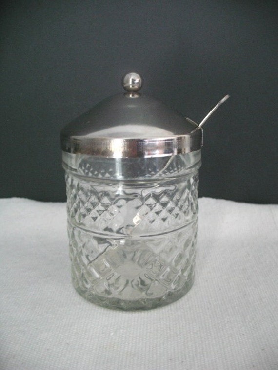 Vintage Jam Jar with Spoon Crystal Condiment Jar Made in