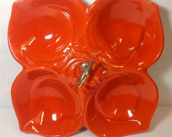 USA California pottery/ Divided dish/ Shaped like 4 peaches/ Bright orange