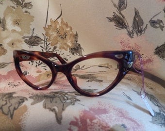 Stunning Vintage Cat's Eye Glasses with Inlaid Metal and Crystals
