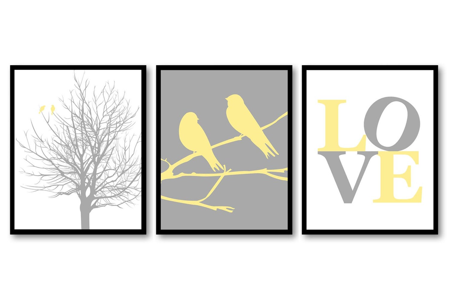 Bird Nursery Art Tree Branch Prints Set of 3 LOVE Yellow Grey Gray Chevron Baby Wall Decor Tree Nurs