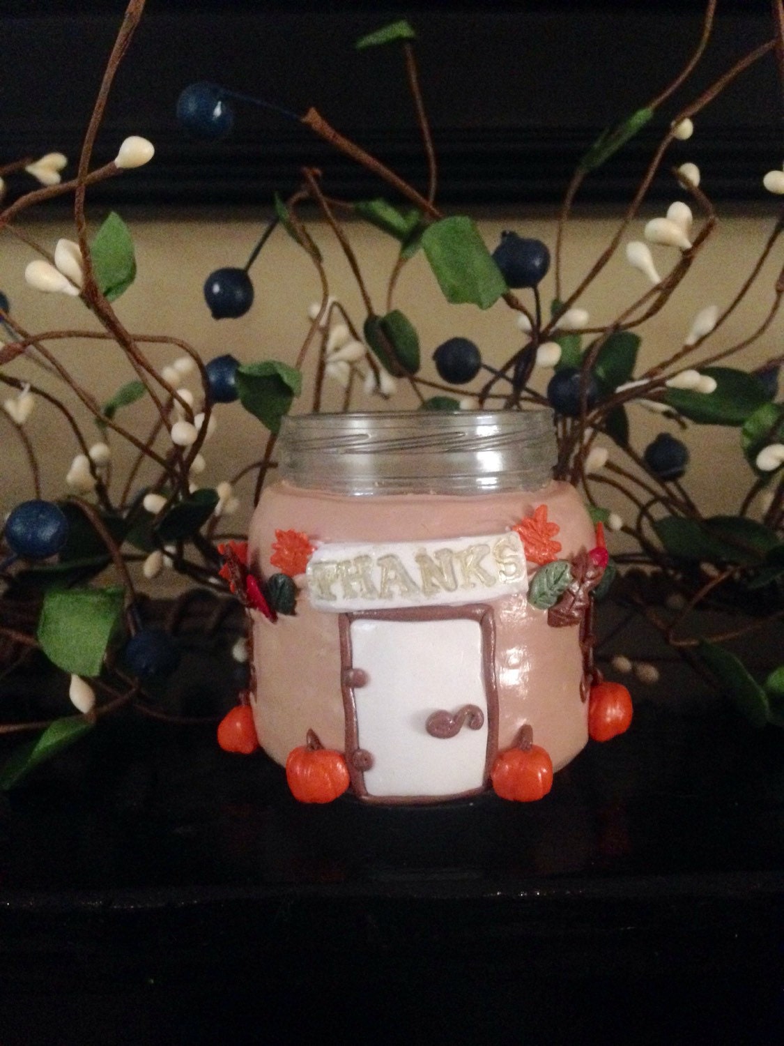Cottage candle jar polymer clay decorations by Theowlsnest101