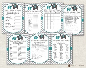 Teal Elephant Baby Shower Games - Teal Baby Shower Games, Teal Elephant Baby Shower Games, Teal and Gray Elephant Baby Shower Games