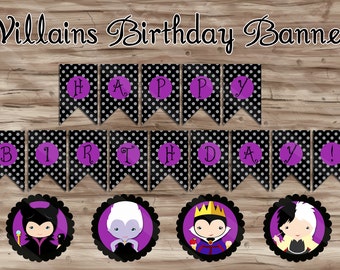 Disney Villains Birthday Banner, Disney Villains Birthday Banner, Disney Villain Halloween Birthday Banner-PDF Digital File INSTANT DOWNLOAD