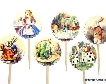 Alice in Wonderland Cupcake Toppers, Mad Hatter, Tea Party, Bridal Shower, Baby Shower, Birthday Party, Set of 12