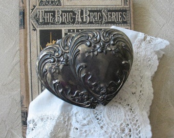 Vintage Silver Double Heart Jewelry Box Embossed Pattern Ornate Floral Pattern Dainty Footed Box WhenRosesBloom