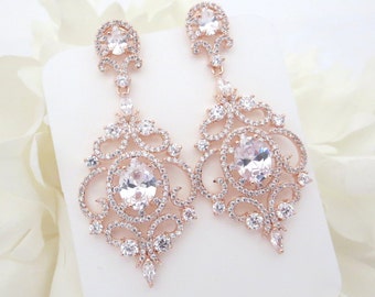 Rose Gold Bridal earrings, Rose Gold Chandelier earrings, Wedding earrings, Wedding jewelry, CZ earrings, Wedding accessories, Bridesmaid