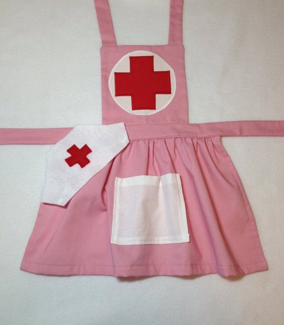 Pink child's nurse apron with hat. Dress up nurse costume.
