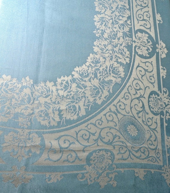 Blue Damask Tablecloth in Rayon Jacquard Weave with White