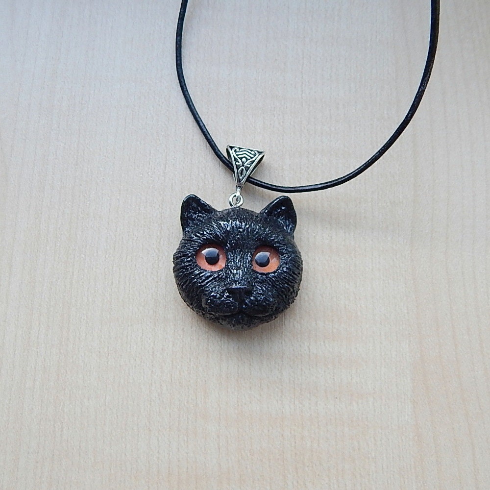 Black cat head pendant cat charm necklace cat by ViaLatteaArt