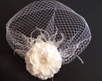 Ivory White BIRDCAGE VEIL with Flower, Vintage Style Bridal FASCINATOR