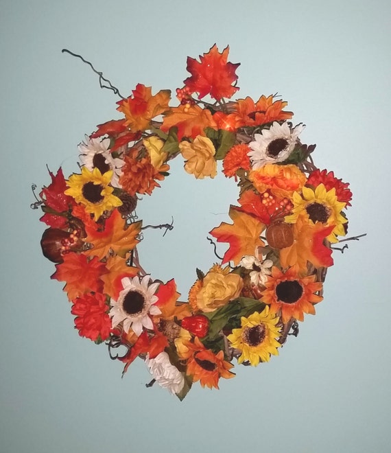 Autumn Fall Wreath in Orange Brown and Yellow with Pumpkin Hand Woven
