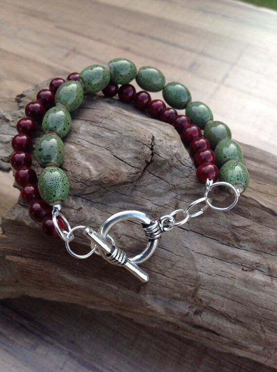Items similar to Double strand bracelet, beaded red and green bracelet
