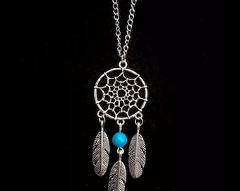 80p UK P+P Dream Catcher Necklace pendant wih 24 inch silver chain turquoise bead Native American themed style hippy necklace *UK Seller*