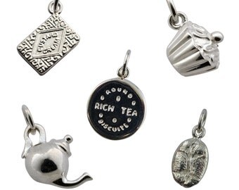 Selection of Single Sterling Silver Charms. Coffee Bean, Cupcake, Custard Cream Biscuit, Rich Tea Biscuit, Teapot (Collection C Group 4)