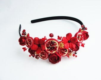 Pomegranate Red Woodland Hair Wreath Flower Crown Holiday headband Winter Weddings Bridal party Red loral accessories flower girl halo