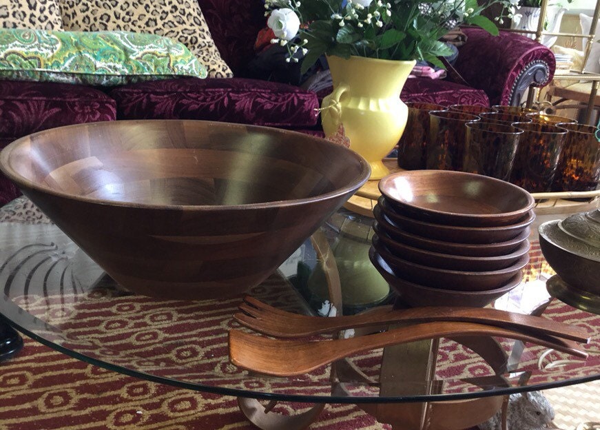 Vintage Wooden Salad Bowl with Serving Utensils and Bowls Haute Juice