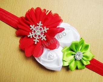 Rose Flower Headband, Satin Rosette Flowers and Chiffon Headband , Rhinestone Elastic Baby Girl Headband