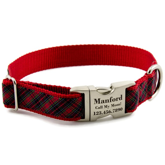 Tartan Personalized Dog Collar Adjustable Custom Laser