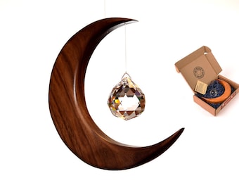 Large Moon Suncatcher Made in Ireland wood and crystal with Angel or Sphere Prism, Rainbow Maker, Window Hanging LG. Version