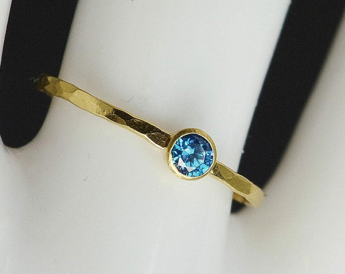 Dainty Solid 14k Gold Blue Zircon Ring, 3mm gold solitaire, solitaire ring, real gold, December Birthstone, Mothers Ring, Solid gold band