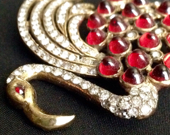 Storewide 25% Off SALE Rare Vintage 1941 CHANEL Signed Oversized Gold Tone Flamingo Cocktail Brooch Featuring Ruby Gripoix Glass Stones & Rh