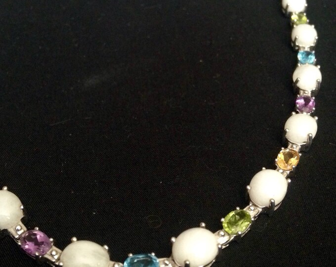 Storewide 25% Off SALE Vintage Sterling Silver Faceted Cabochon Serpentine Designer Necklace Featuring Assorted Large Amethyst & Peridot Gem