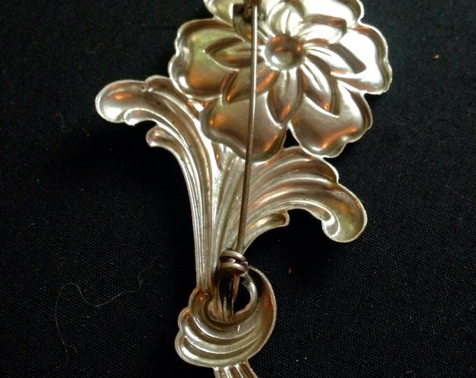 Storewide 25% Off SALE Vintage Silver Tone Single Stem Designer Floral Brooch Featuring Raised Textured Design With Embellished Detail