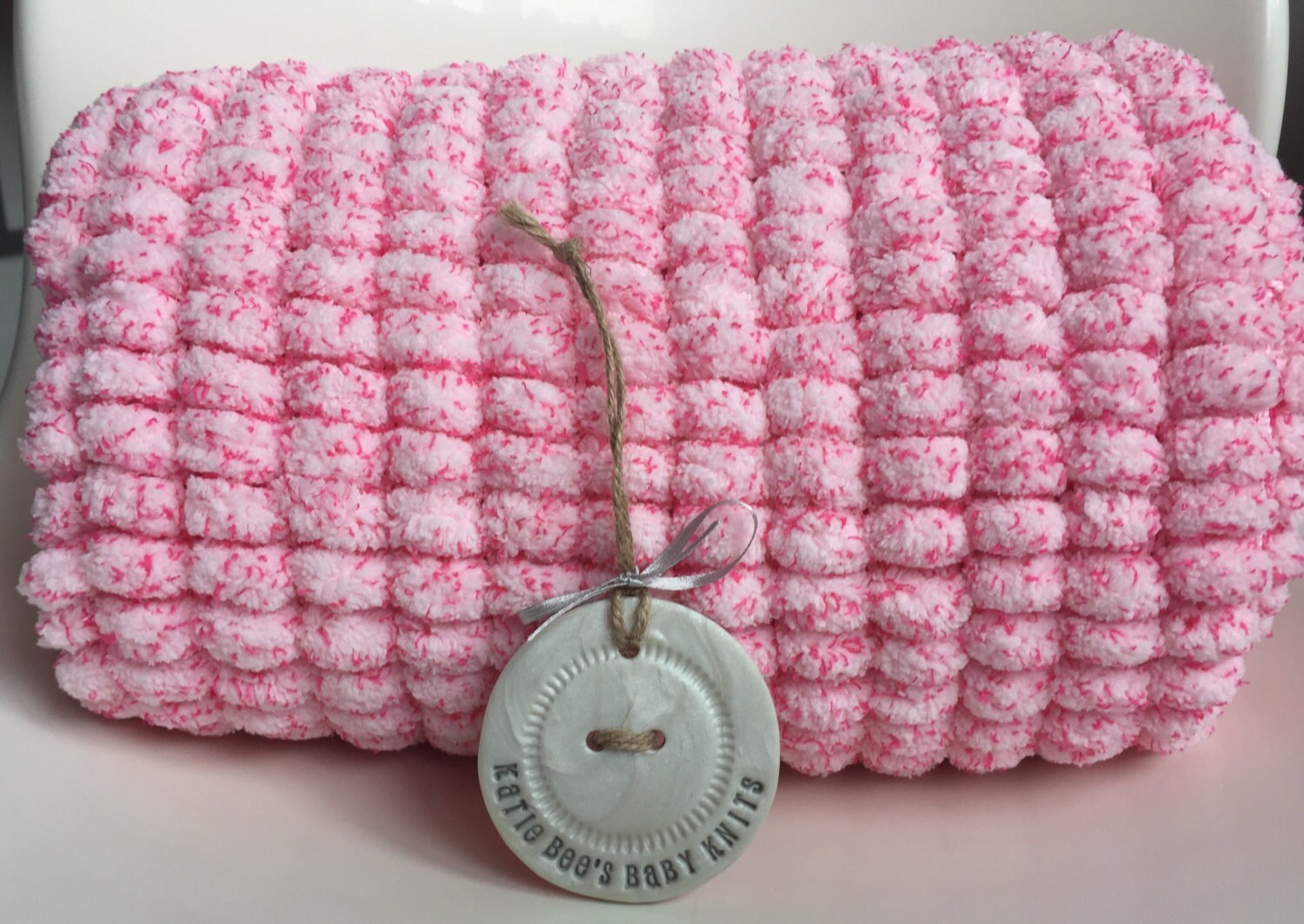 Pom pom baby blanket Hand knitted Fuschia pink Crib