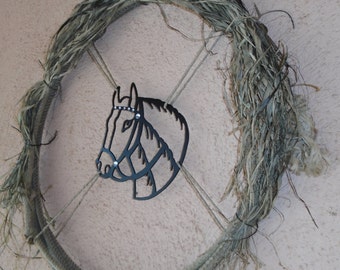 Western rope wreath. Metal horse head wreath Western horse head and rope wreath. Rustic raffia, bling, rodeo rope decor.