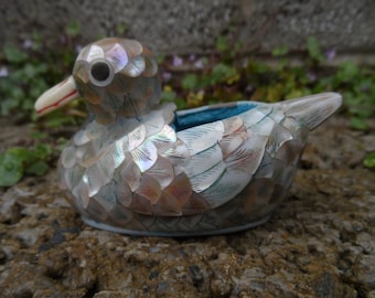 Vintage duck - mother of pearl and ox bone carved duck - oriental antique vintage trinket pot - vintage Chinese decor