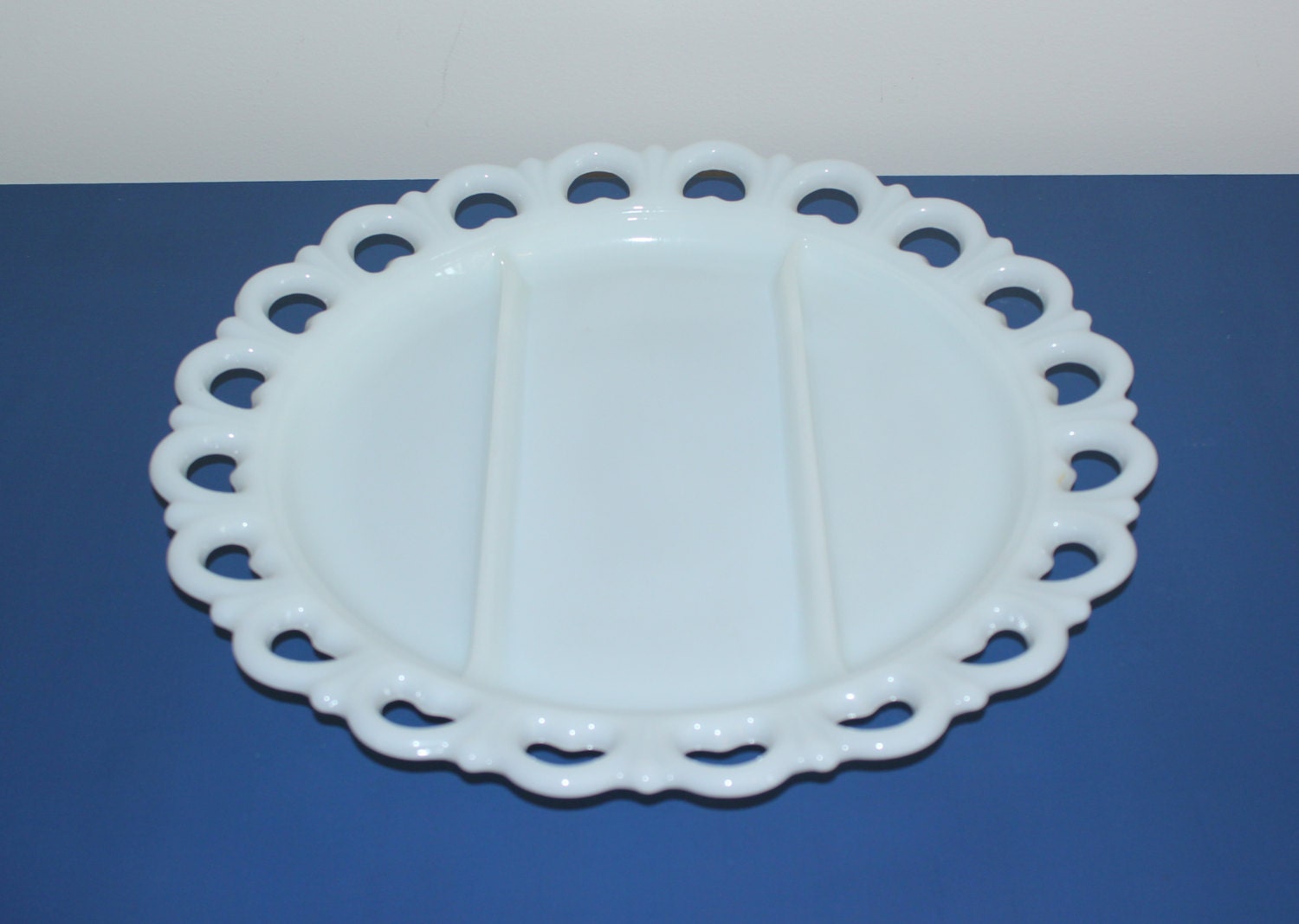 Vintage milk glass divided lace heart tray, serving platter
