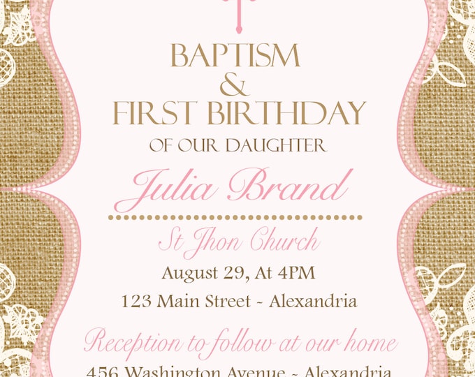 Baptism invitation. Burlap invite. Burlap and lace invitation. Printable Baptismal invitation. Christening. Shabby Chic Baptism invitation