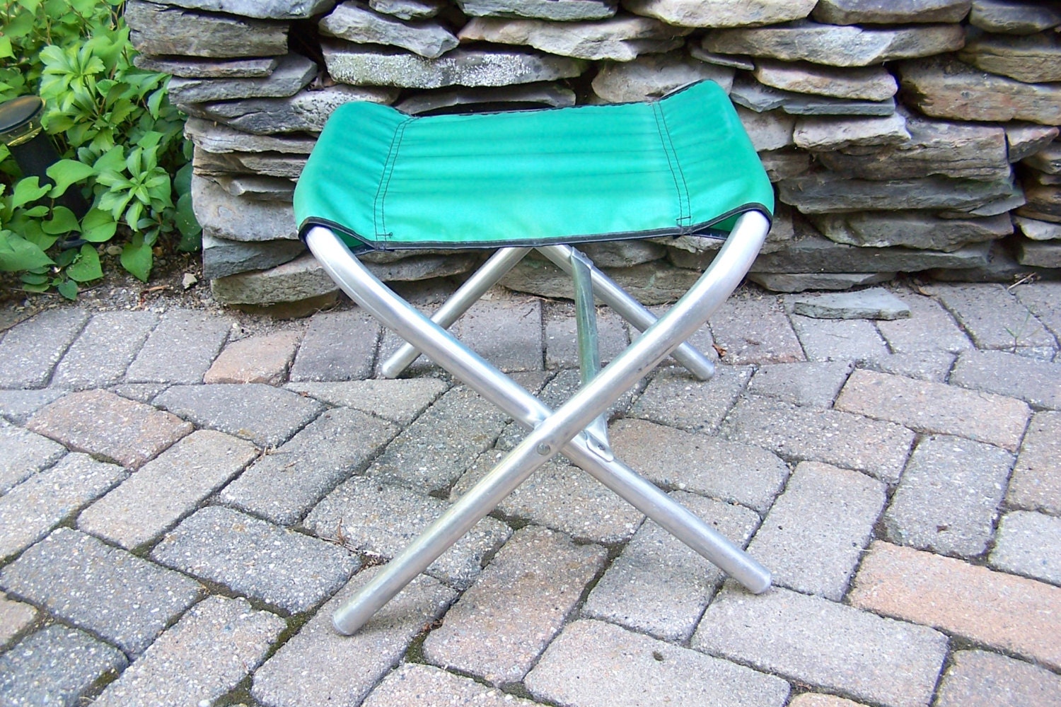 Camp Stool Chairs Aluminum With Green Seat Rustic Cabin